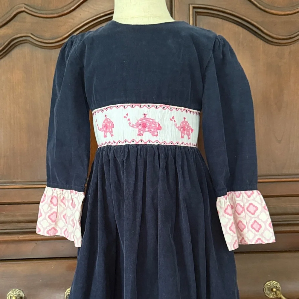 Shrimp & Grits Kids Elephant Applique Smocked Dress Girls 6 Navy Pink Tie Back B